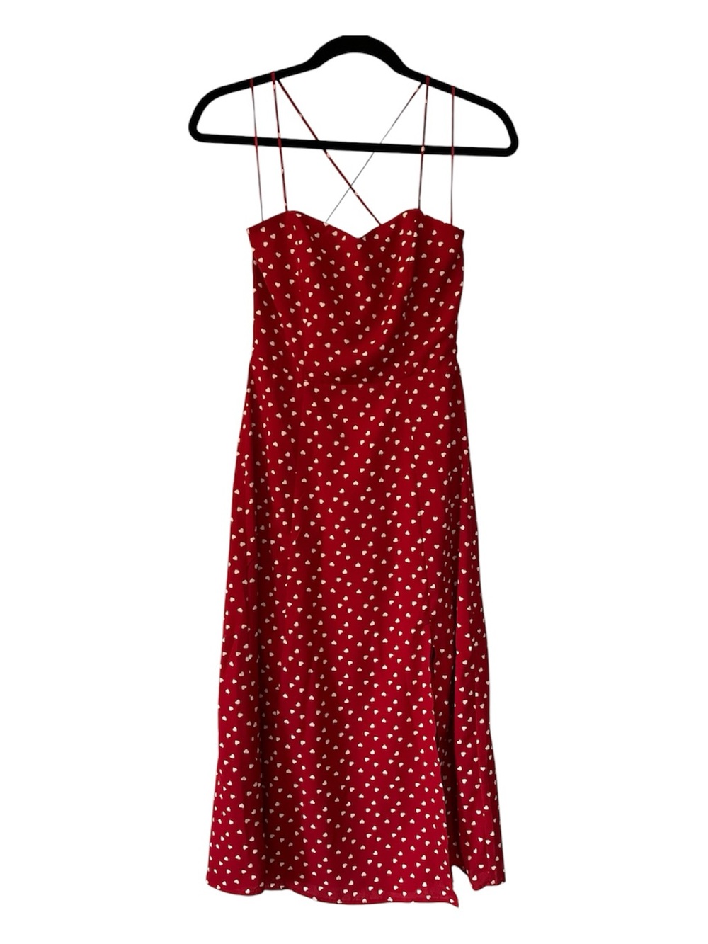 Red Midi dress all over white Heart Print sleeveless Strappy Sweetheart neckline